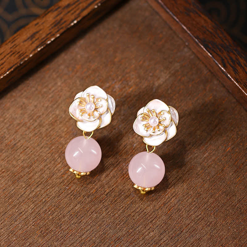 WORN WITHIN Rose Quartz Camellia Loving Energy Drop Earrings