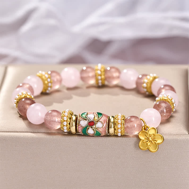 WORN WITHIN Natural Strawberry Quartz Rose Quartz Enamel Flowers Pendant Love Round Polished Bead Bracelet