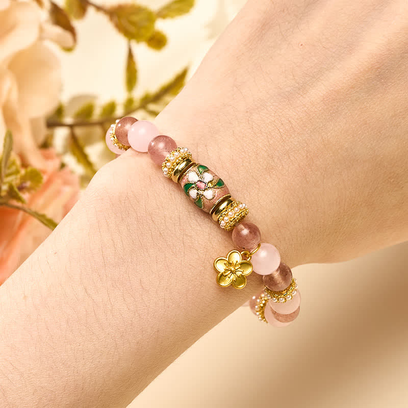 WORN WITHIN Natural Strawberry Quartz Rose Quartz Enamel Flowers Pendant Love Round Polished Bead Bracelet