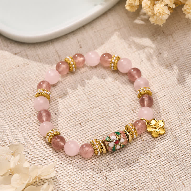 WORN WITHIN Natural Strawberry Quartz Rose Quartz Enamel Flowers Pendant Love Round Polished Bead Bracelet
