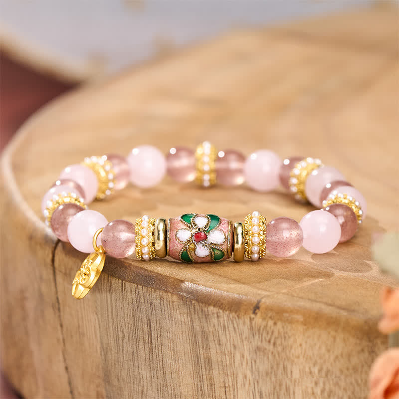 WORN WITHIN Natural Strawberry Quartz Rose Quartz Enamel Flowers Pendant Love Round Polished Bead Bracelet