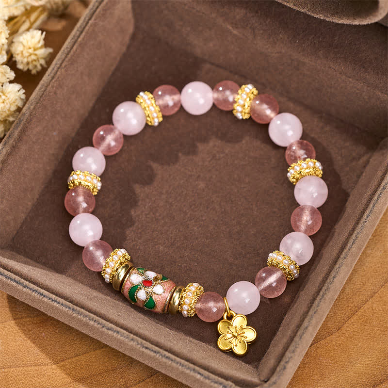 WORN WITHIN Natural Strawberry Quartz Rose Quartz Enamel Flowers Pendant Love Round Polished Bead Bracelet