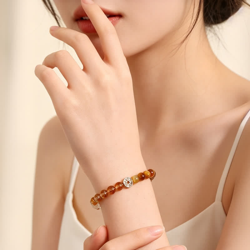 Buddha Stones Tiger Eye Natural Stone Fu Character Copper Coins Happiness Bracelet