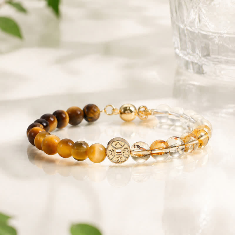Buddha Stones Tiger Eye Natural Stone Fu Character Copper Coins Happiness Bracelet