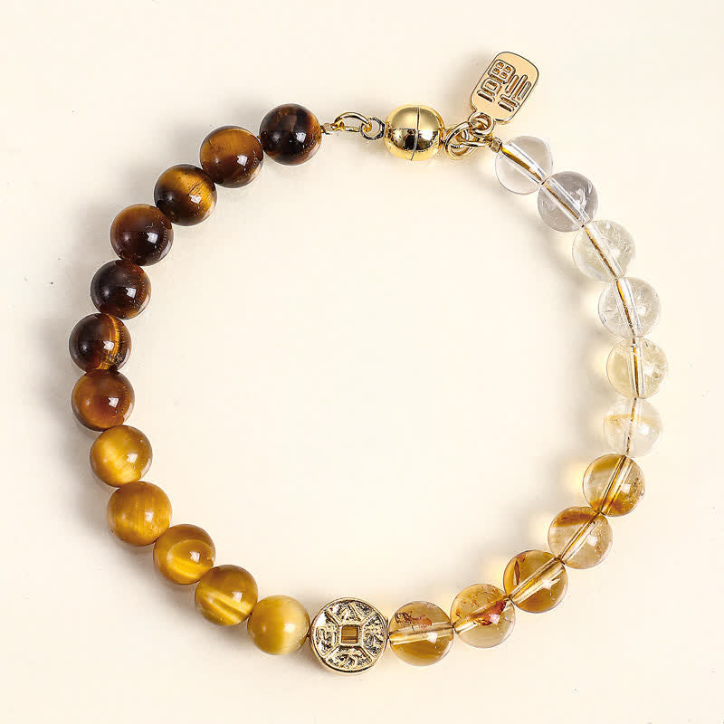Buddha Stones Tiger Eye Natural Stone Fu Character Copper Coins Happiness Bracelet