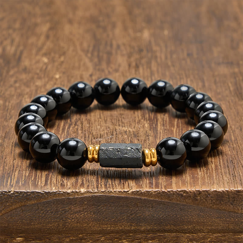 WORN WITHIN Black Obsidian Black Tourmaline Protection Minimalist Round Bead Bracelet