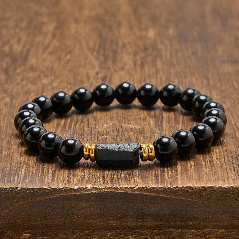 WORN WITHIN Black Obsidian Black Tourmaline Protection Minimalist Round Bead Bracelet