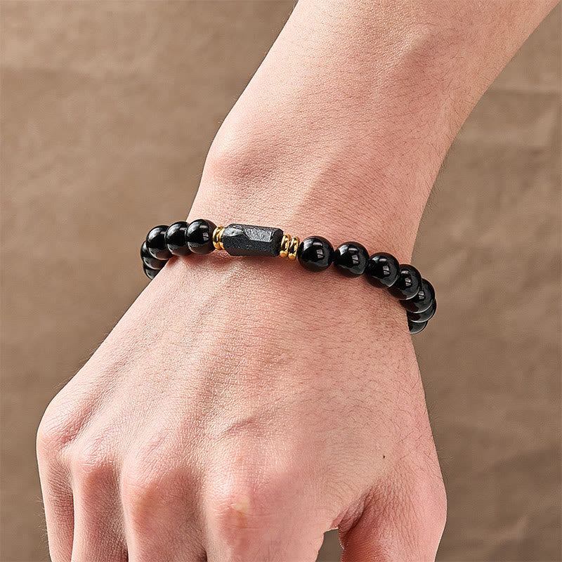 WORN WITHIN Black Obsidian Black Tourmaline Protection Minimalist Round Bead Bracelet