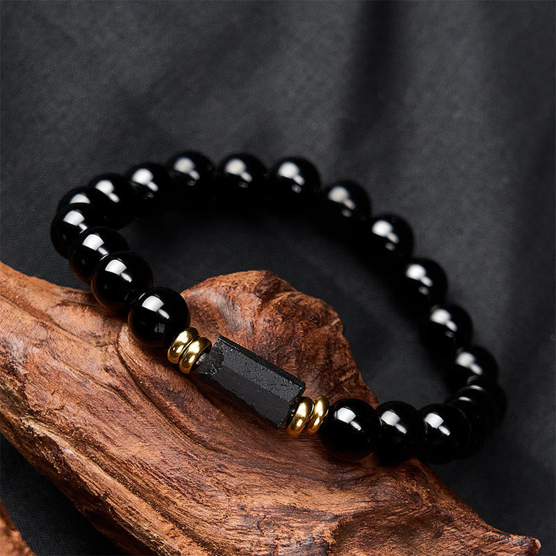 WORN WITHIN Black Obsidian Black Tourmaline Protection Minimalist Round Bead Bracelet