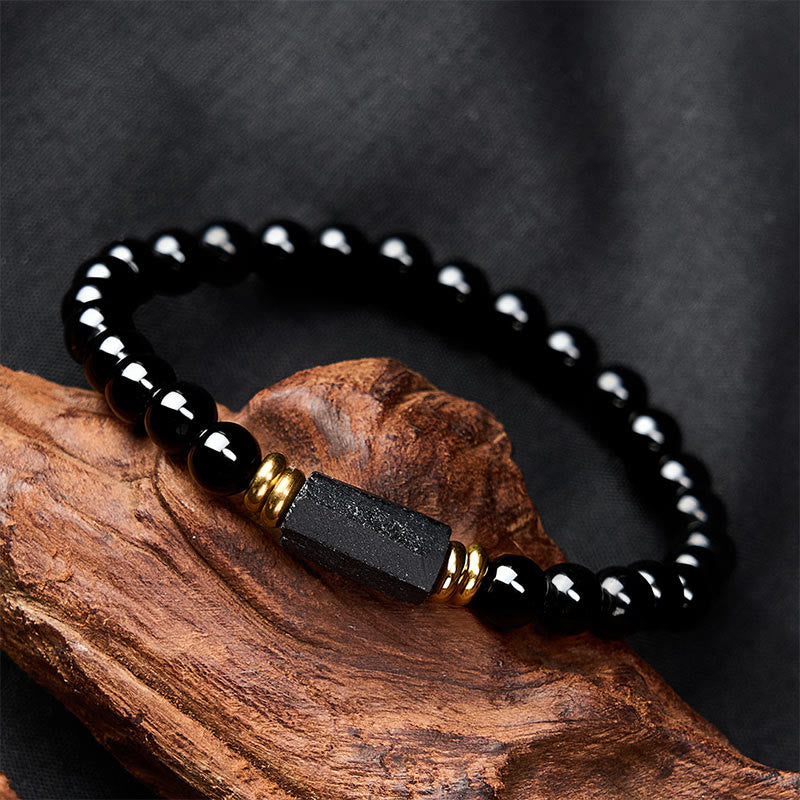 WORN WITHIN Black Obsidian Black Tourmaline Protection Minimalist Round Bead Bracelet