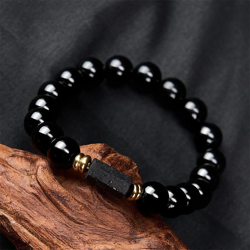 WORN WITHIN Black Obsidian Black Tourmaline Protection Minimalist Round Bead Bracelet