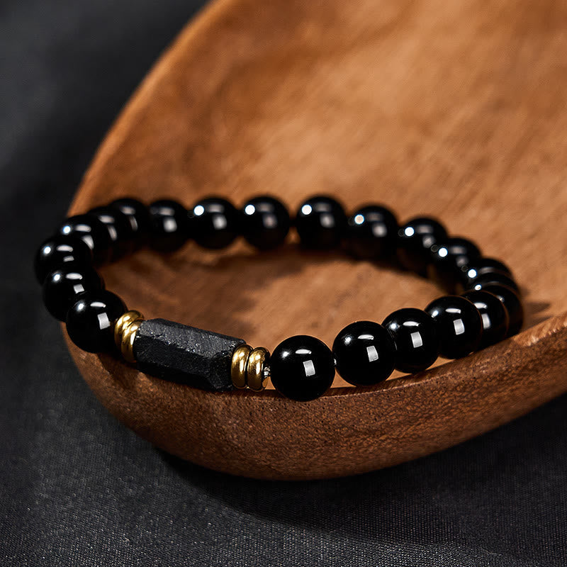WORN WITHIN Black Obsidian Black Tourmaline Protection Minimalist Round Bead Bracelet
