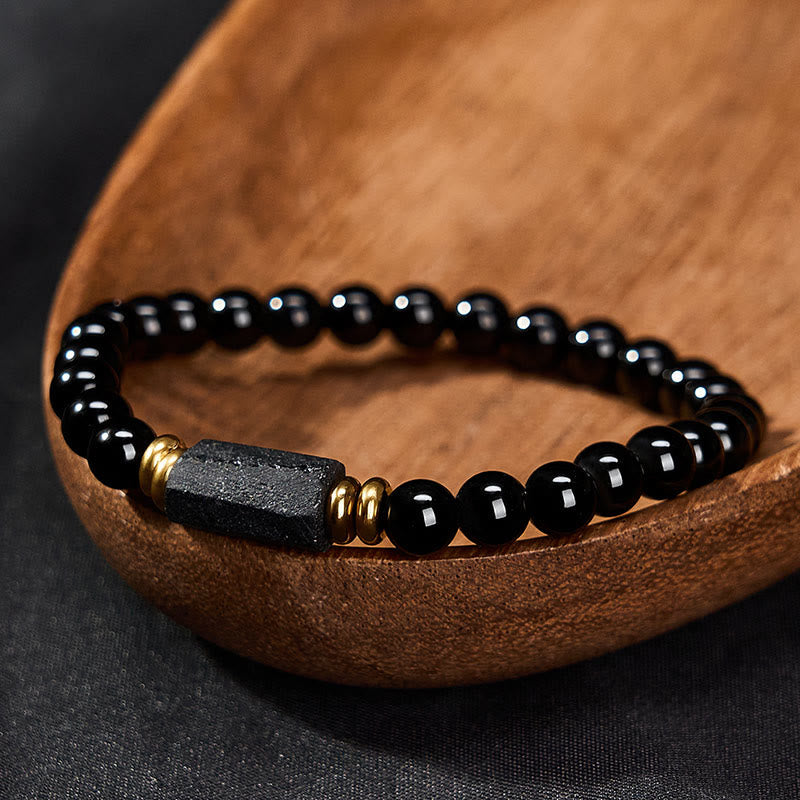 WORN WITHIN Black Obsidian Black Tourmaline Protection Minimalist Round Bead Bracelet