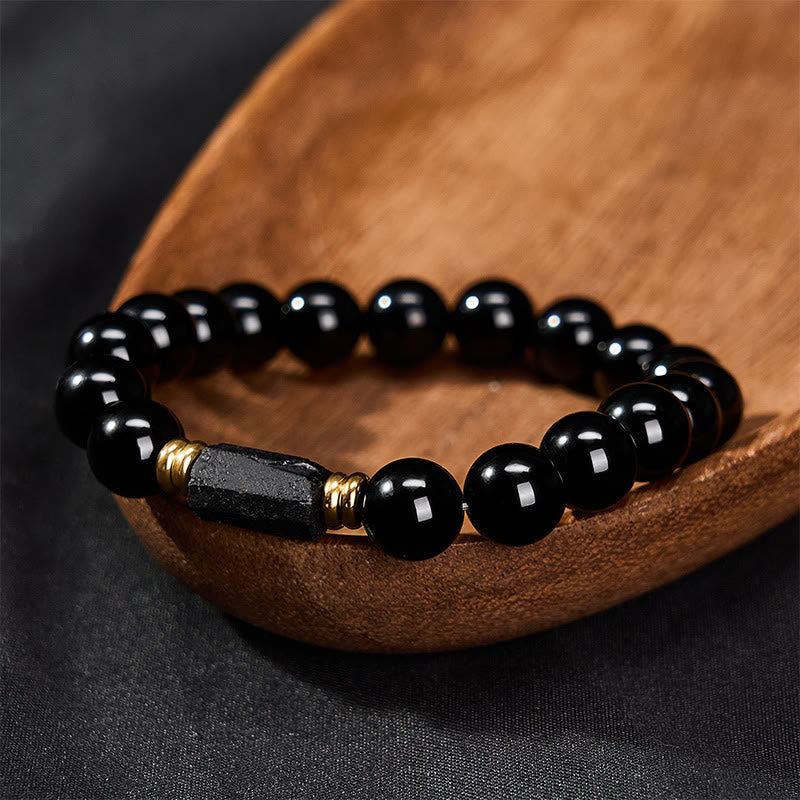 WORN WITHIN Black Obsidian Black Tourmaline Protection Minimalist Round Bead Bracelet