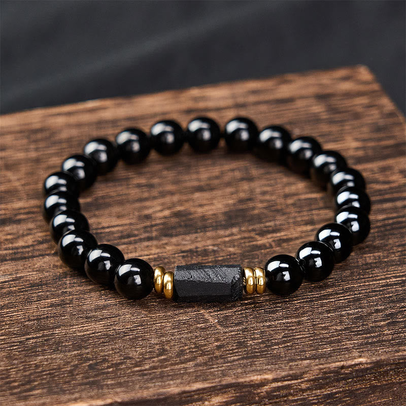 WORN WITHIN Black Obsidian Black Tourmaline Protection Minimalist Round Bead Bracelet
