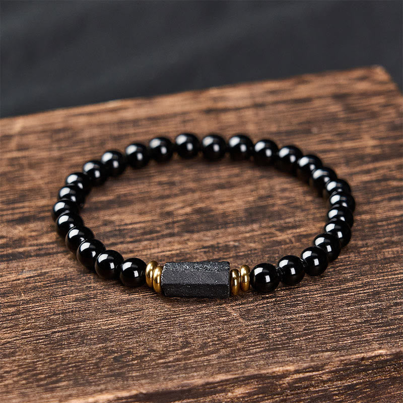 WORN WITHIN Black Obsidian Black Tourmaline Protection Minimalist Round Bead Bracelet
