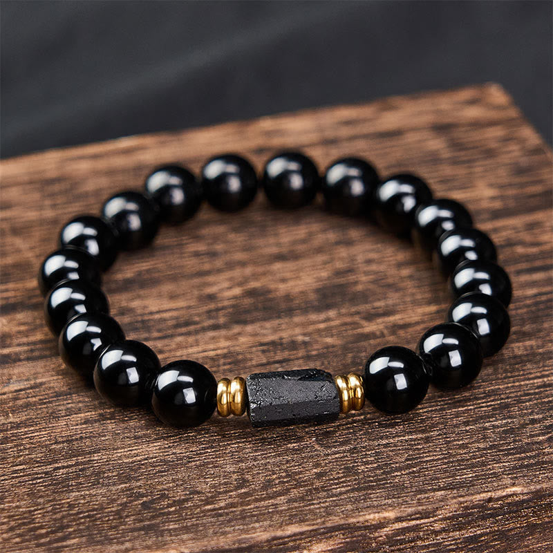 WORN WITHIN Black Obsidian Black Tourmaline Protection Minimalist Round Bead Bracelet
