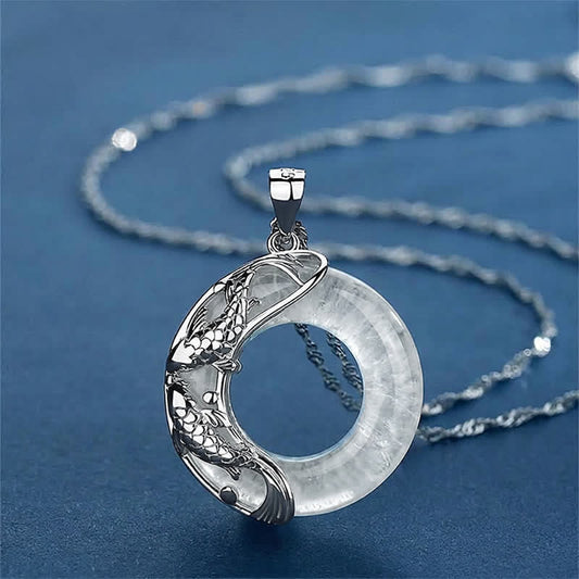 WORN WITHIN Clear Quartz Koi Fish Luck Circular Peace Buckle Pendant Necklace