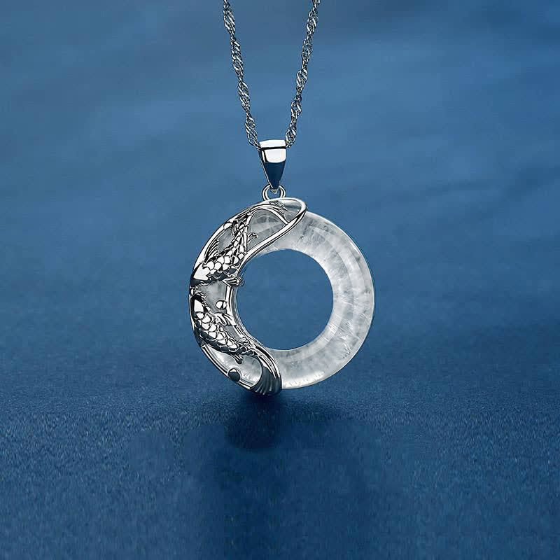 WORN WITHIN Clear Quartz Koi Fish Luck Circular Peace Buckle Pendant Necklace