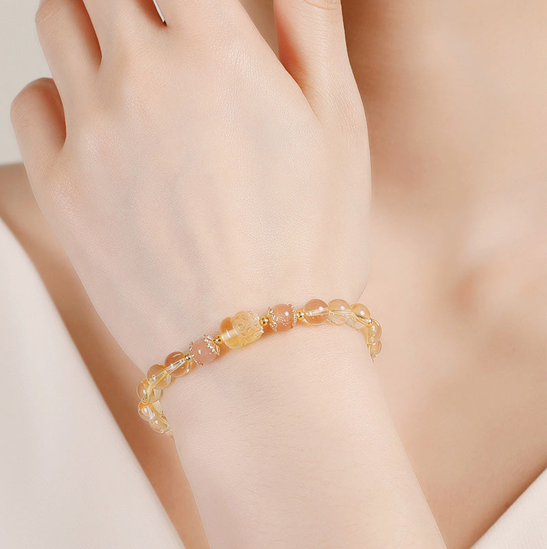 WORN WITHIN Aquamarine Strawberry Quartz Amethyst Moonstone PiXiu Healing Bracelet