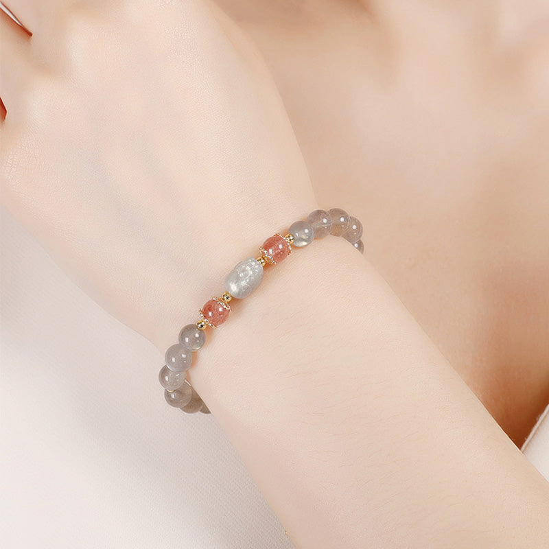 WORN WITHIN Aquamarine Strawberry Quartz Amethyst Moonstone PiXiu Healing Bracelet