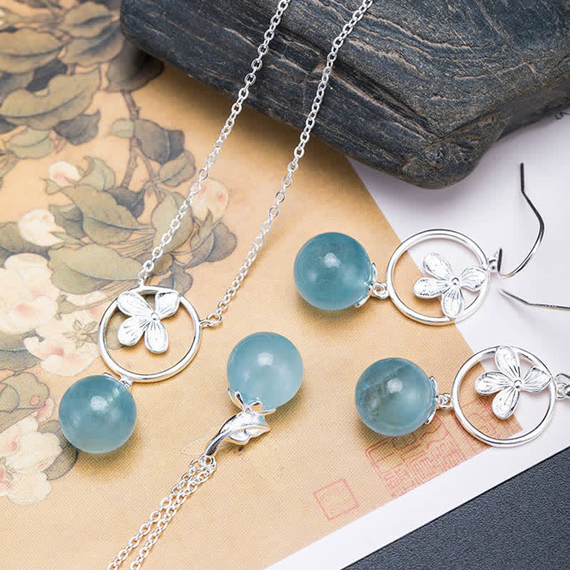 WORN WITHIN 925 Sterling Silver Natural Aquamarine Leaf Flower Peace Earrings Necklace