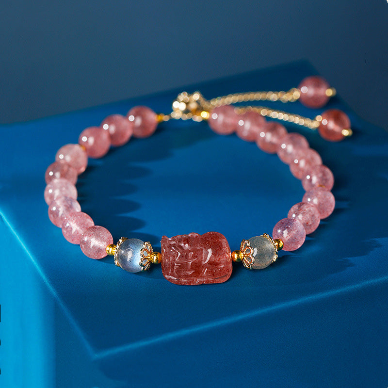 WORN WITHIN Aquamarine Strawberry Quartz Amethyst Moonstone PiXiu Healing Bracelet