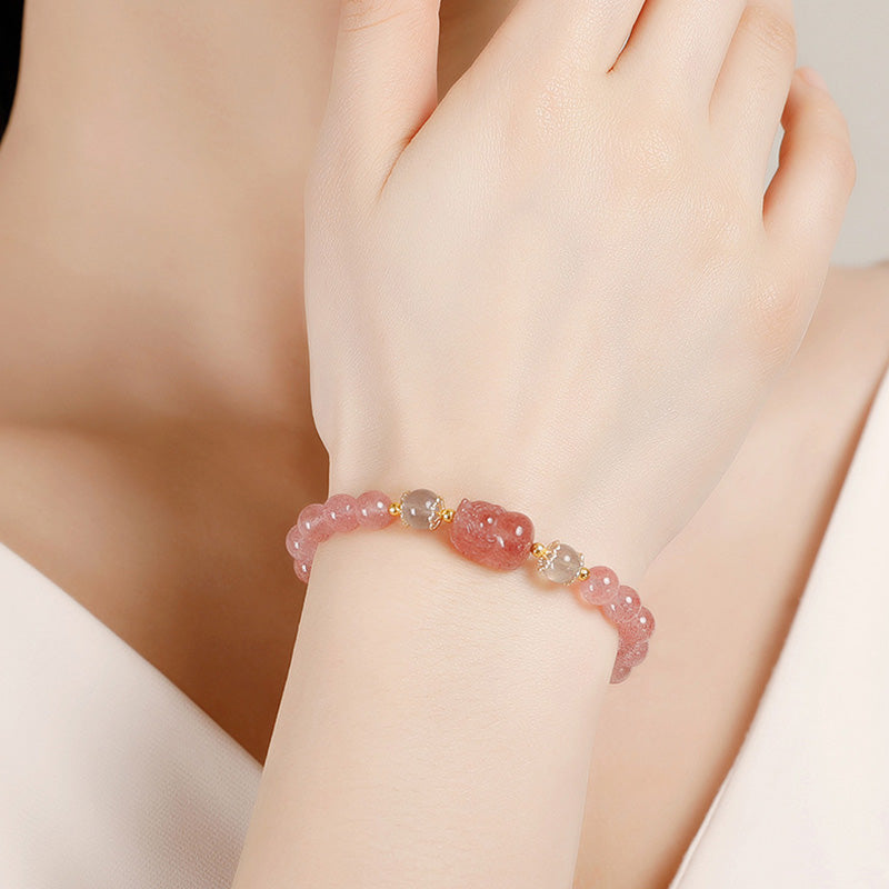 WORN WITHIN Aquamarine Strawberry Quartz Amethyst Moonstone PiXiu Healing Bracelet