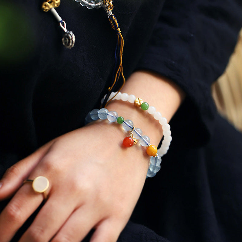 Buddha Stones Aquamarine Red Agate Peace Gourd Charm Bracelet