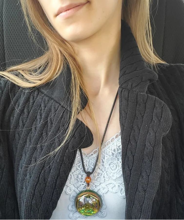 Customer wearing the magnetic talisman
