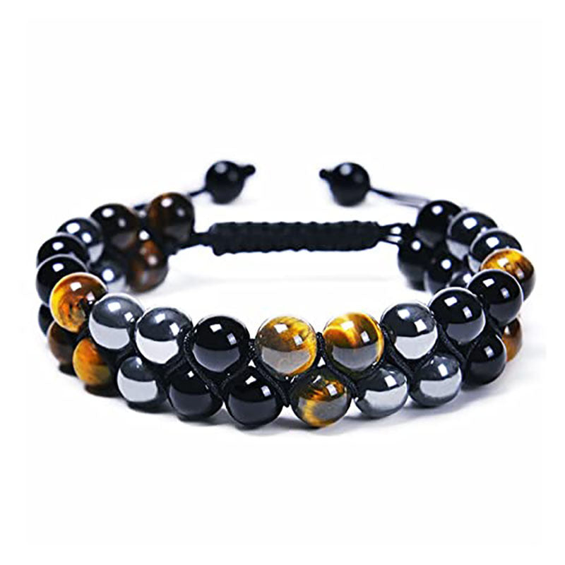 Prosperity Shield double-row Tiger's Eye bracelet with black and metallic beads