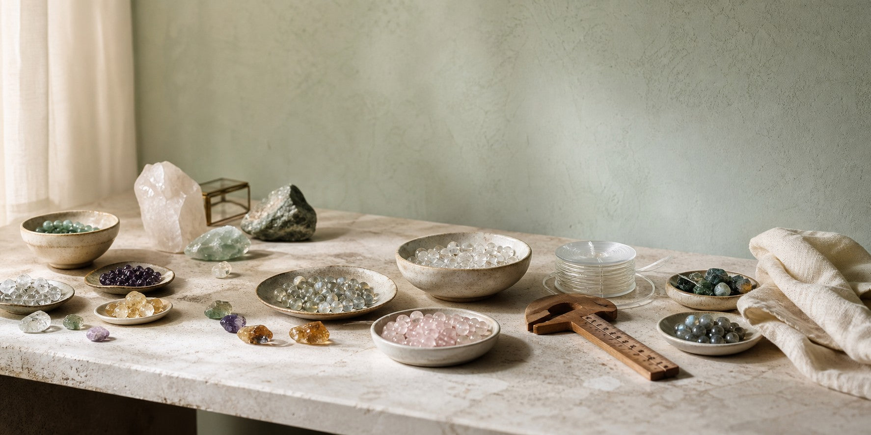 Natural crystal beads and bracelet-making materials arranged in a bright studio
