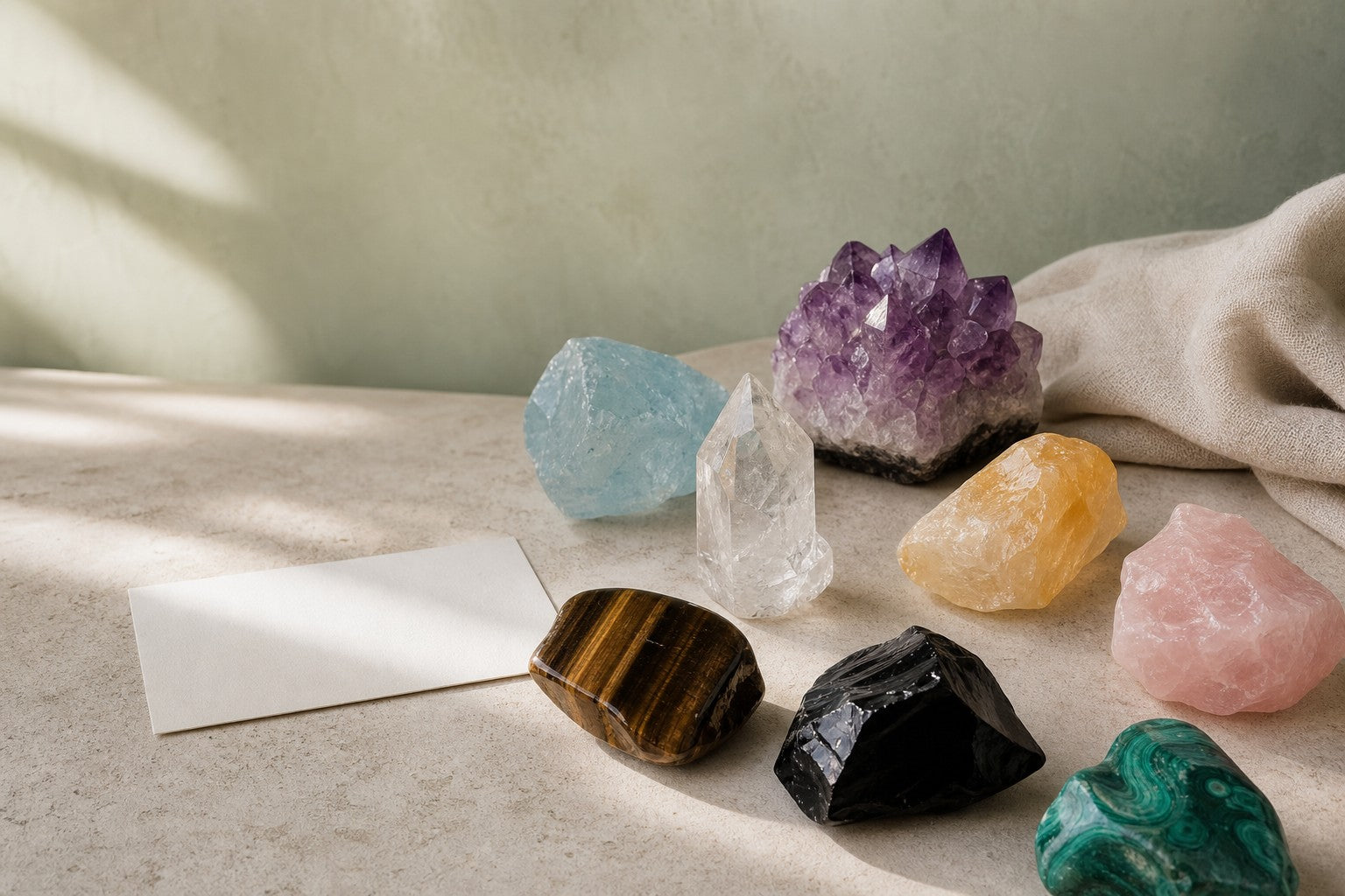 A considered arrangement of eight natural crystals